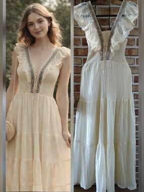 Vintage VICKY VAUGHN Prairie BOHO Cream LACE Ruffle MAXI Corset DRESS XS S